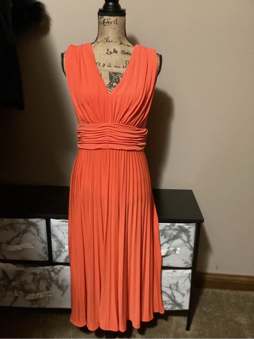 Suzi Chin Coral Sleeveless V-Neck Pleated Midi Dress